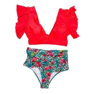 Sporlike ruffle red‎ Coral tropical high waist Bikini L mermaid